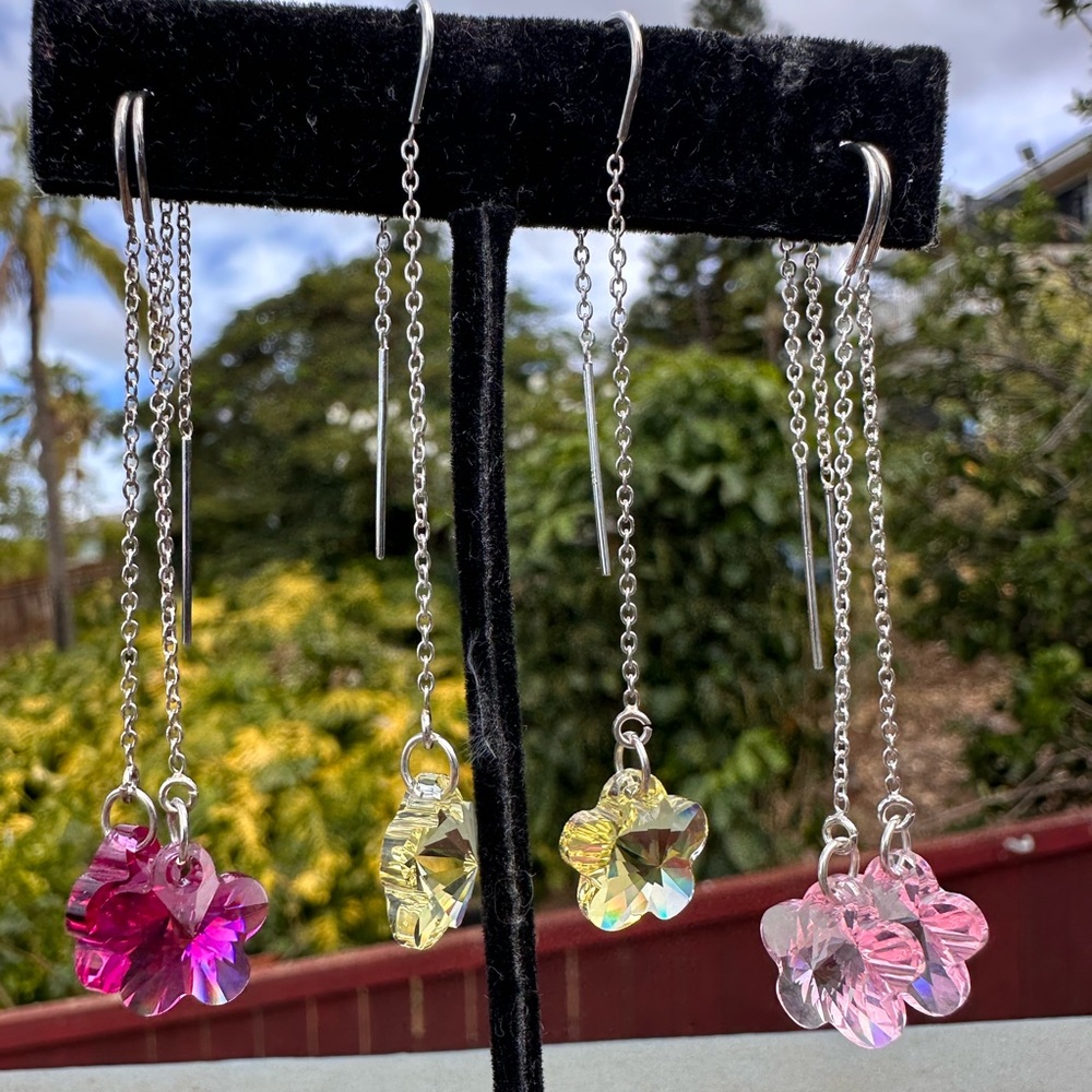 Handmade Plumeria Flower Swarovski Sterling Silver Threader Earrings - Picture 5 of 11